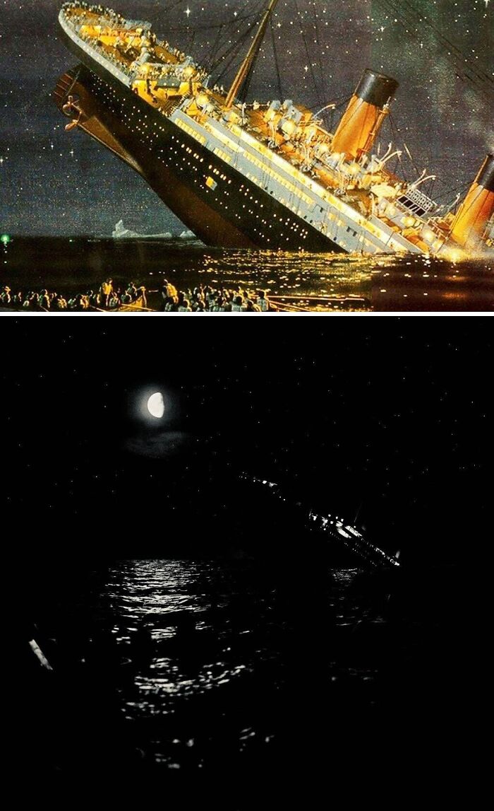 Night scene of a sinking ship with people on lifeboats and dark ocean