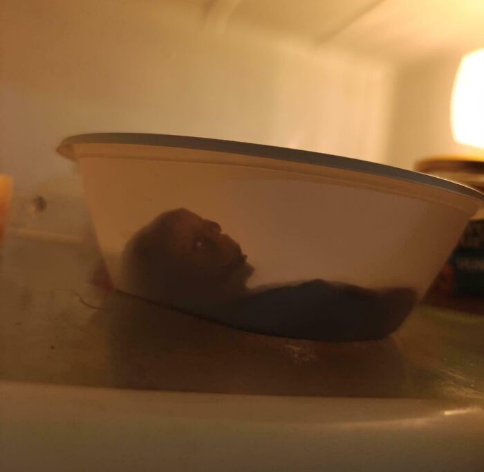 Strange shadow shape in a bowl inside a fridge
