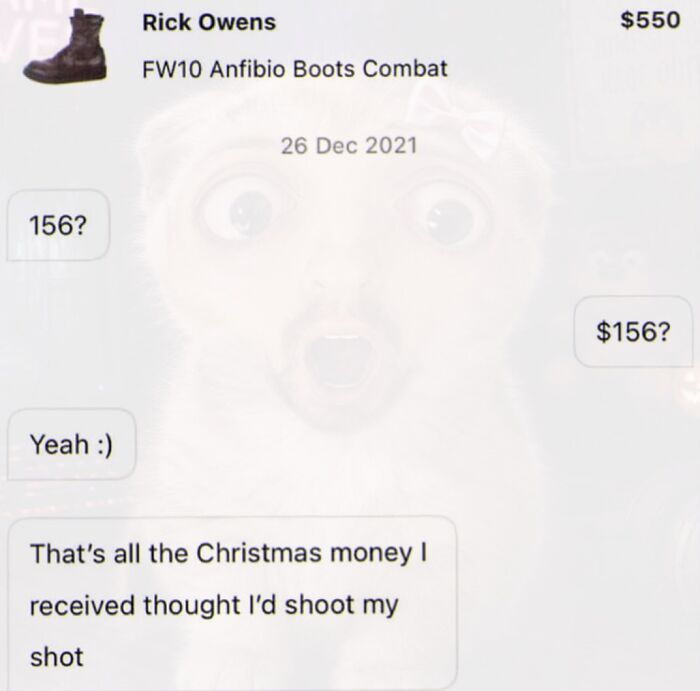 Cringe text conversation about buying expensive boots