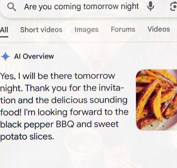 Search result showing AI response to invitation for BBQ food