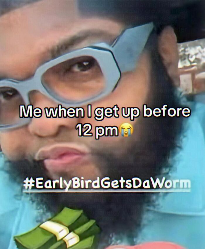 Humorous early bird meme with person upset about waking before noon