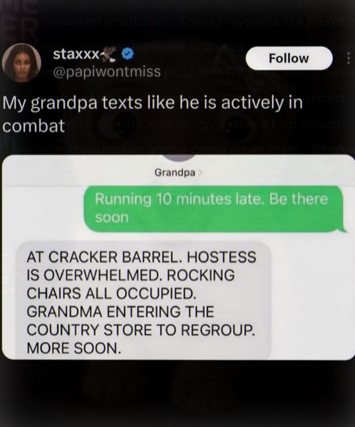 Funny grandpa texting like he is in combat situation