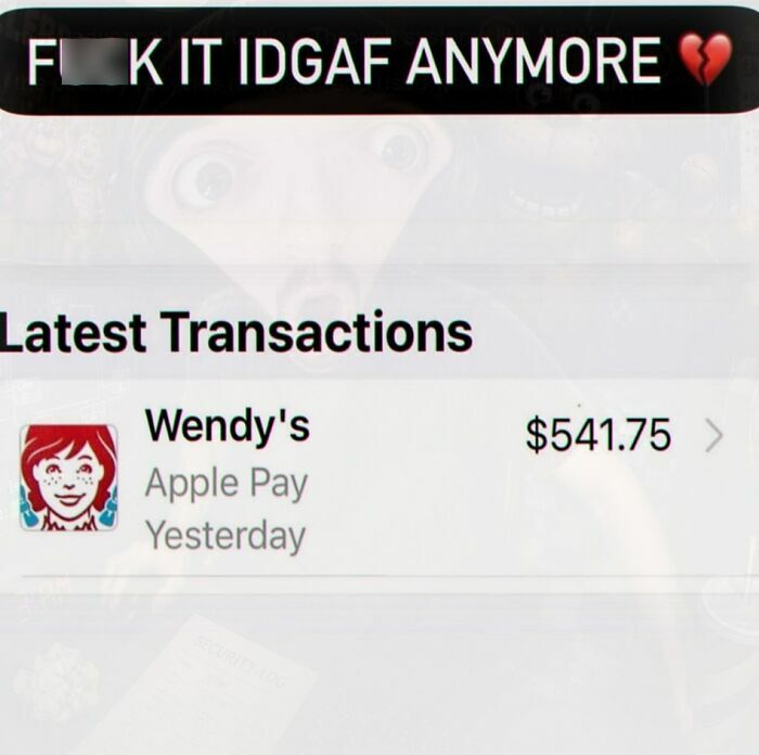 Funny transaction meme showing large Wendy's payment as cringe