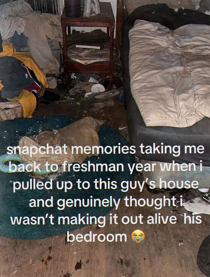 Messy bedroom photo with text about Snapchat memories from freshman year