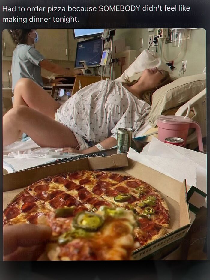 Cringe meme of pregnant woman in hospital bed with pizza in foreground