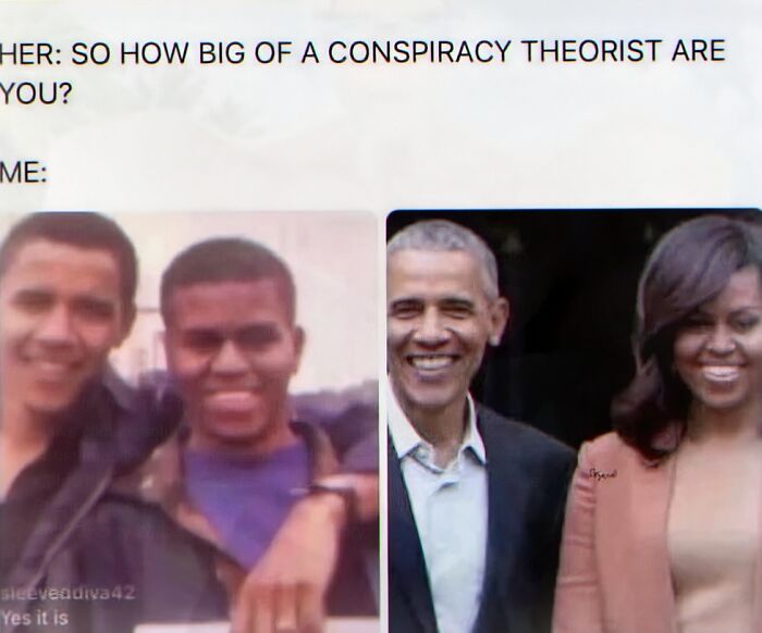 Embarrassing meme about conspiracy theorist with Obama photos comparison