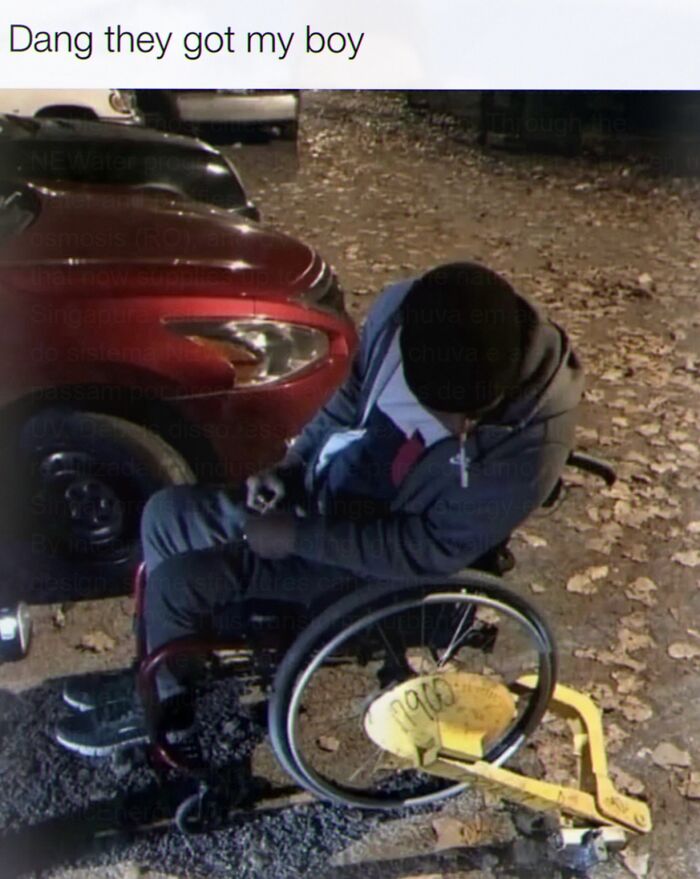 Man in wheelchair with parking boot on wheel, embarrassing posts and memes cringe humor