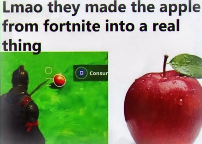 Embarrassing Fortnite meme with real apple comparison cringe post