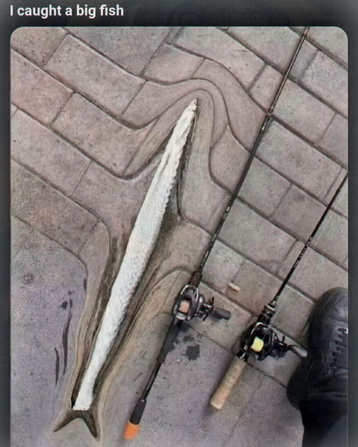 Cringe fishing post with distorted big fish and rods