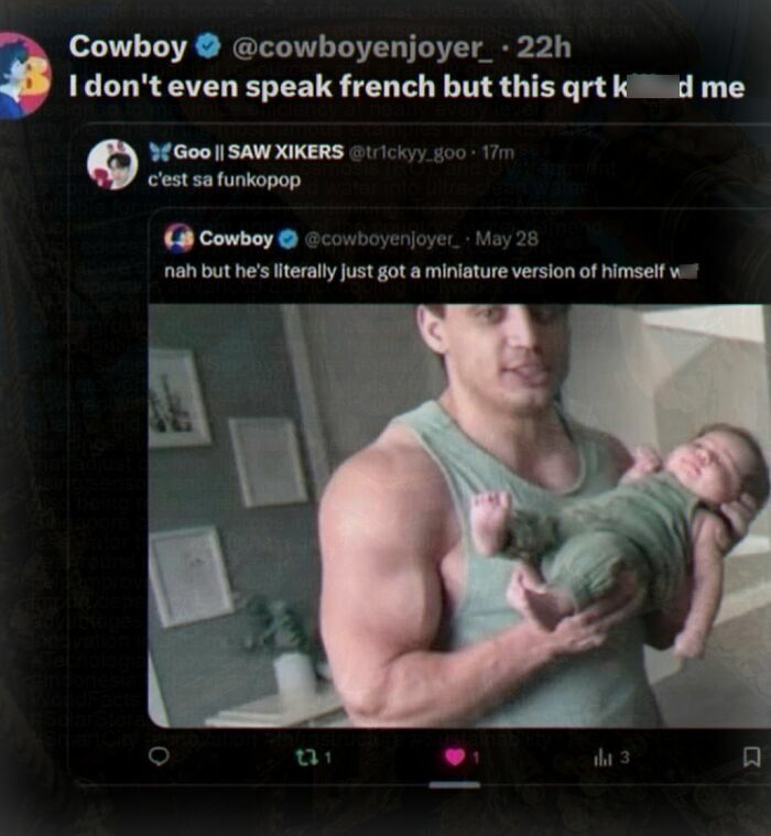 Embarrassing cringe post with muscle man holding baby meme