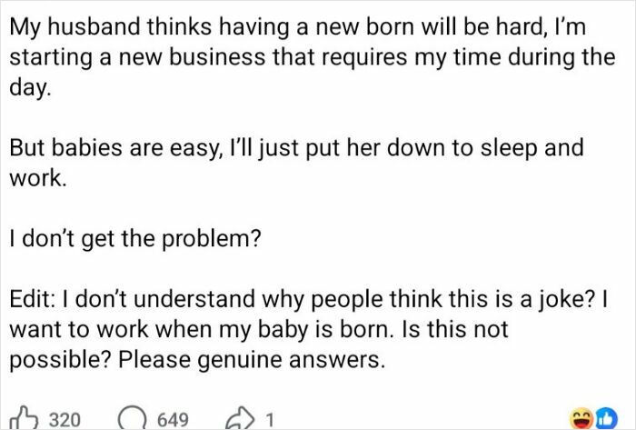 Parent confused about working and caring for newborn in parenting post