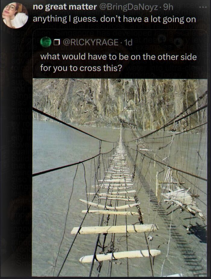 Embarrassing cringe meme showing a rickety old bridge with a tweet about crossing it