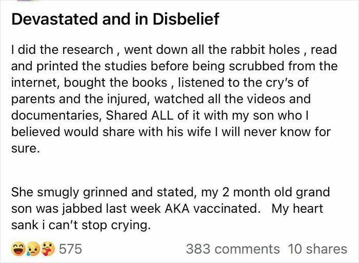 Text expressing disbelief over grandson being vaccinated and emotional response