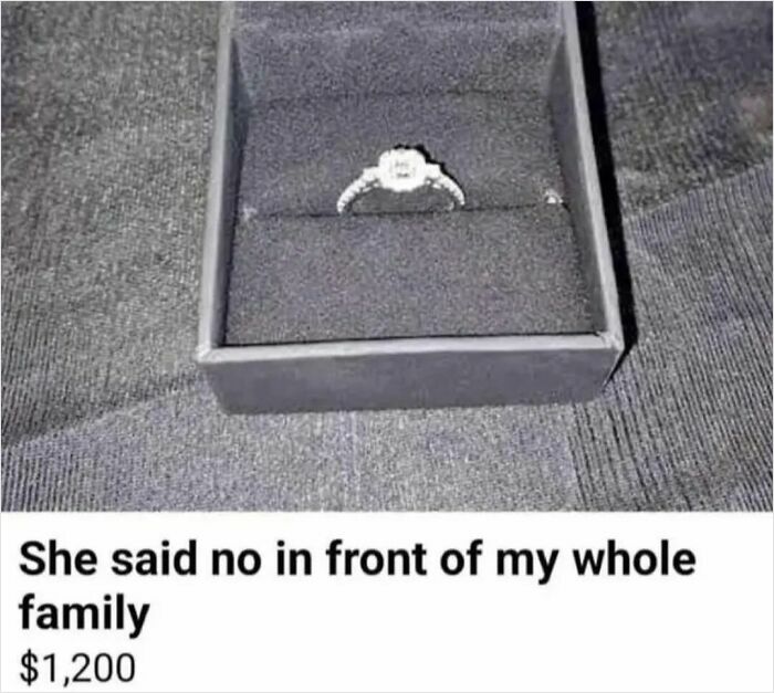 Engagement ring in box with caption about rejection in front of family