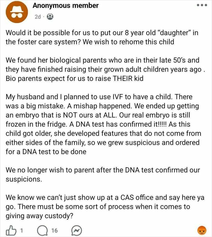 Anonymous post about IVF mix-up and wanting to rehome child