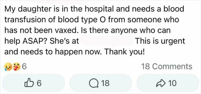 Parent urgently requests unvaccinated blood donor for daughter in hospital