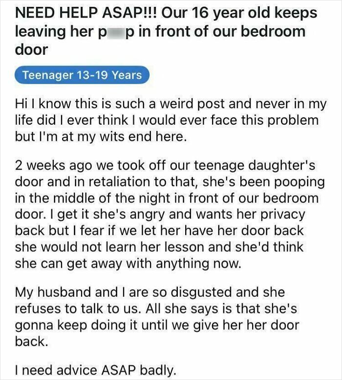 Parent seeks advice on teenager leaving mess due to removed bedroom door issue