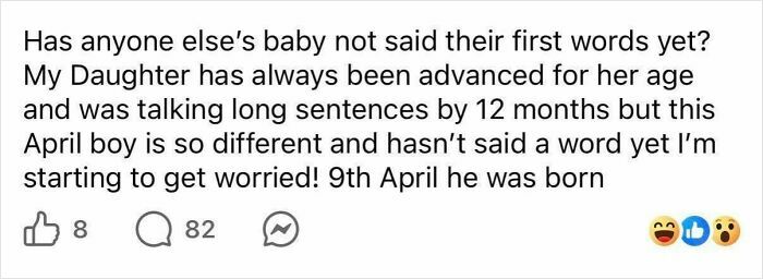 Parent worries about baby not speaking first words compared to older sibling
