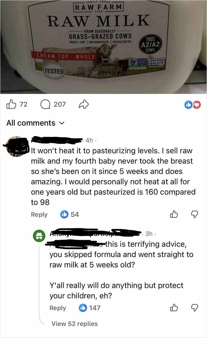 Raw milk feeding debate with parental reactions in online parenting post