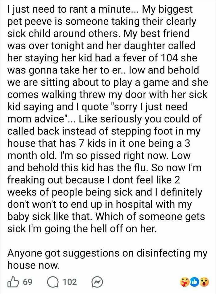 Post about frustration with parents taking a sick child with the flu around others