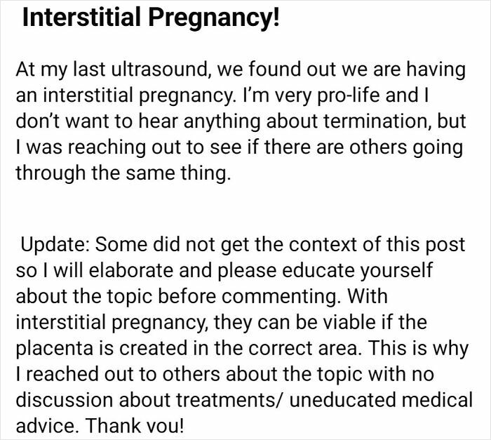 Parent sharing experience with interstitial pregnancy and seeking support