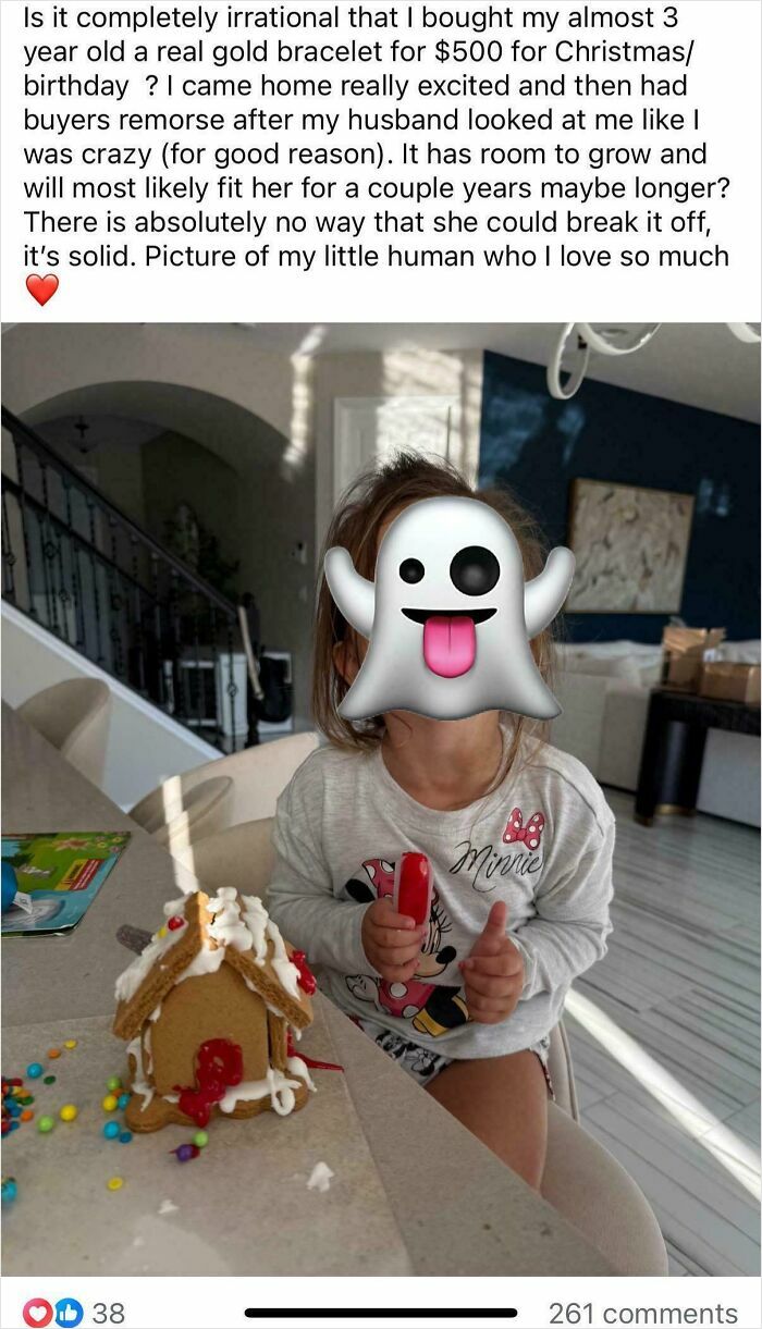 Parent shares photo of child with gingerbread house and mentions gold bracelet gift