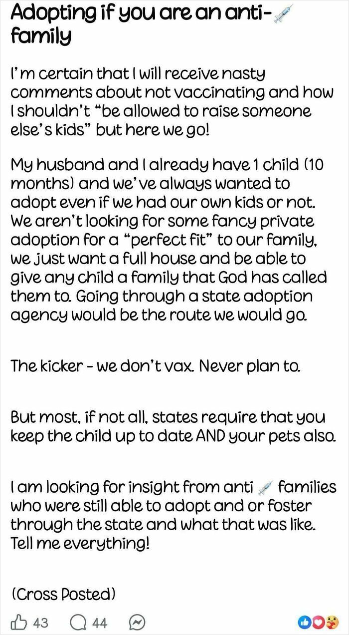 Parent seeks advice on adoption while being anti-vaccine family