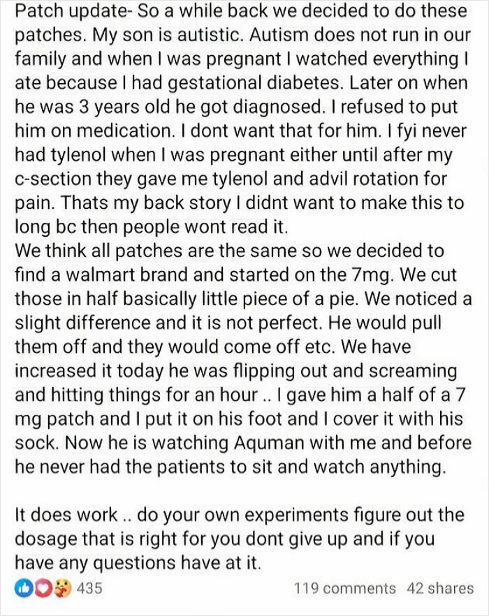 Parents post about managing autism with medication patches and dosage adjustments for a son with autism
