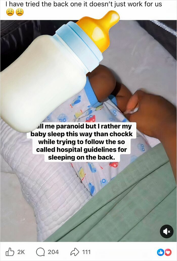 Parent prefers baby sleeping position over hospital guidelines despite concerns