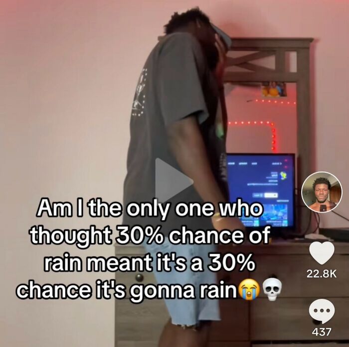Person reacting to rain chance misunderstanding meme