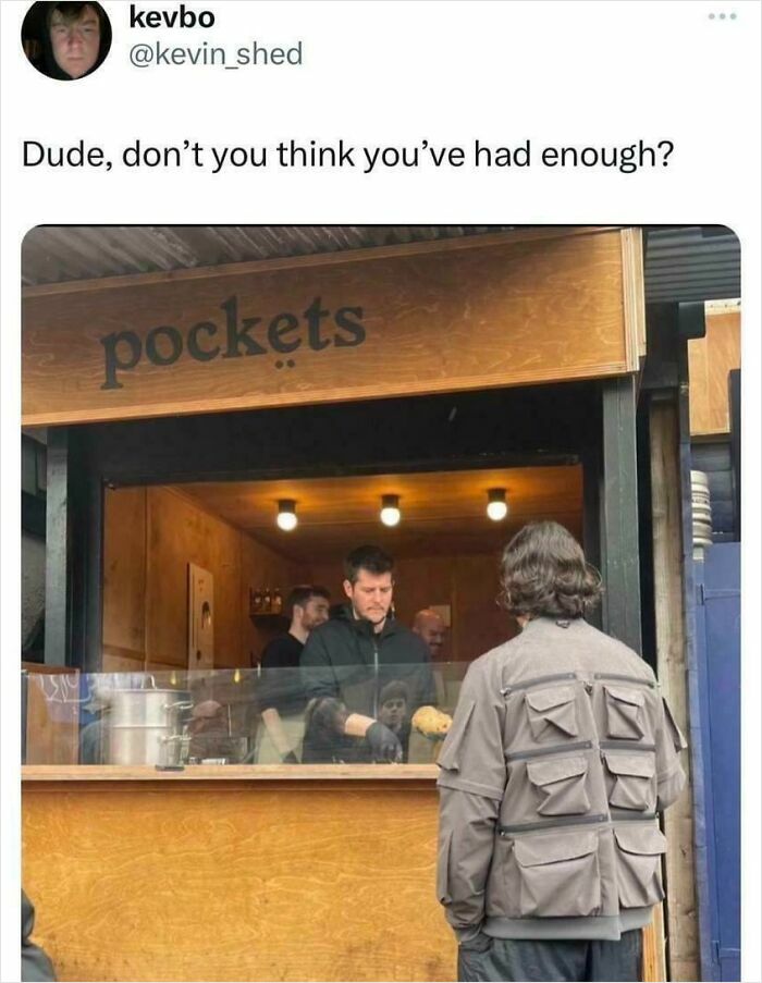 Funny jacket with many pockets at street food stall humor meme