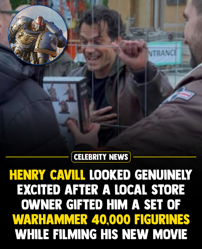 Henry Cavill excitedly receiving Warhammer 40,000 figurines on movie set