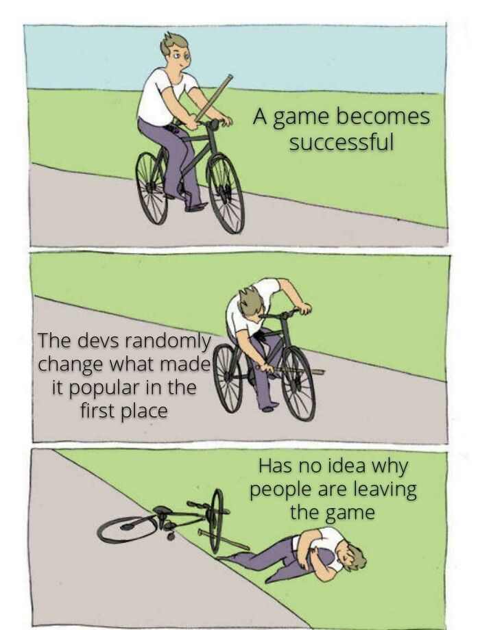 Illustration of a gamer falling off a bike symbolizing game devs changing popular features