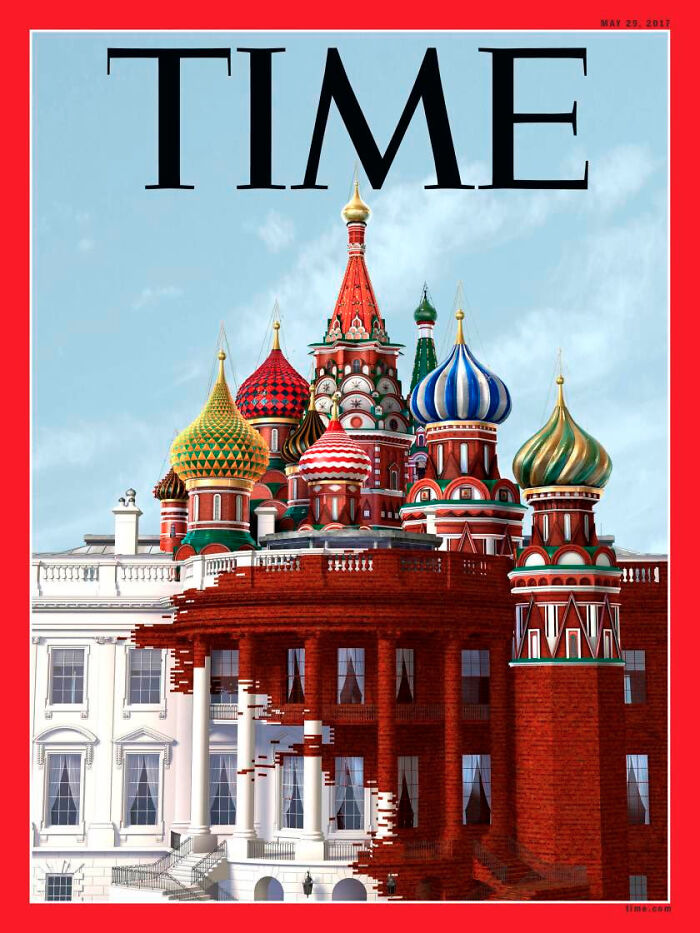 Creative magazine cover blending White House and Russian architecture