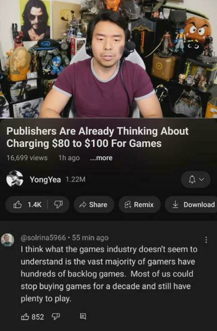 Screenshot of a video discussing $80 to $100 game prices with a gamer comment on backlog