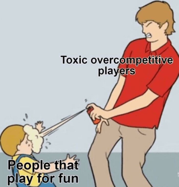 Cartoon showing toxic overcompetitive players spraying foam at people that play games for fun