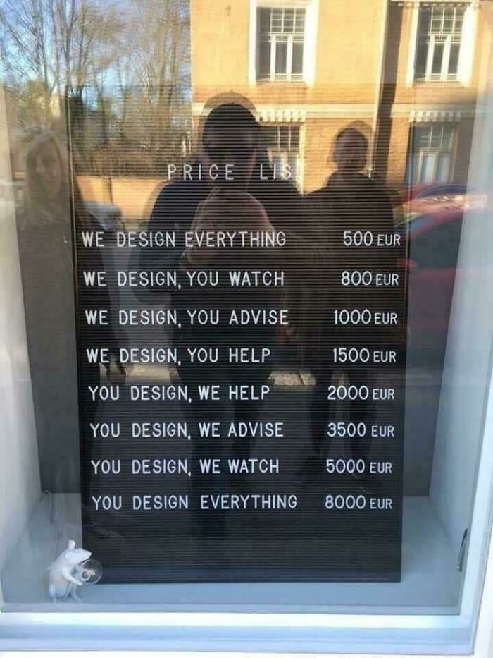 Humorous price list showing cost variations based on design collaboration