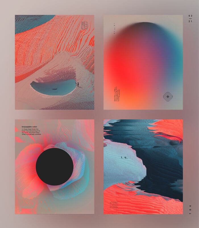 Abstract digital art featuring vibrant red and blue gradients and landscapes
