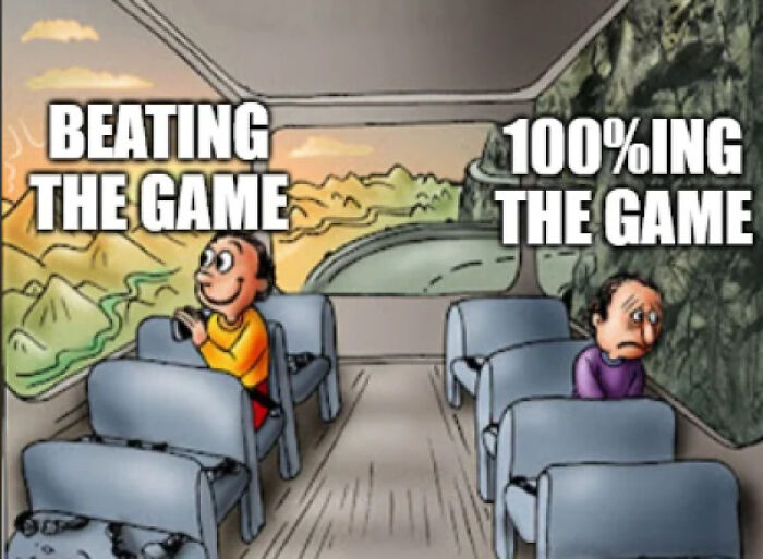 Bus passengers representing beating game vs 100 percenting the game gaming meme