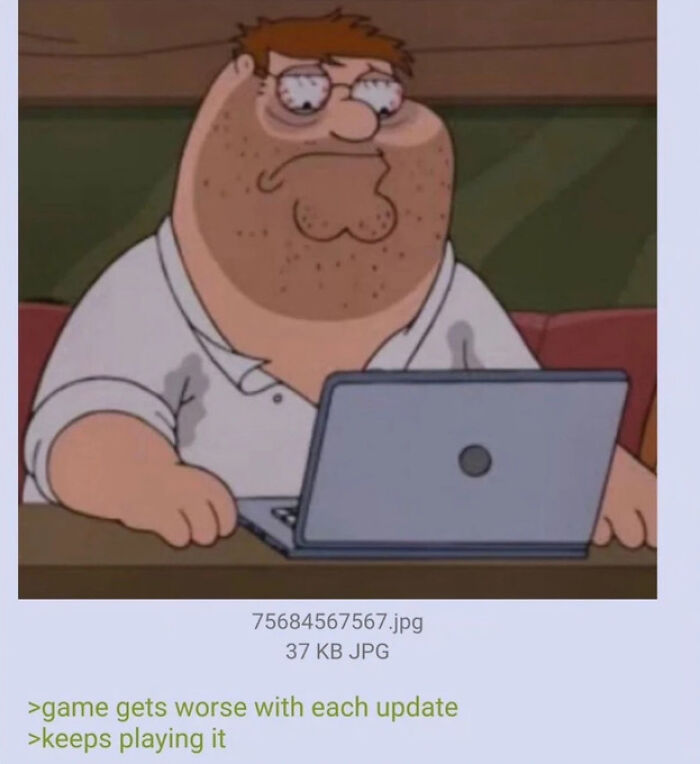 Cartoon character playing game despite it getting worse with each update