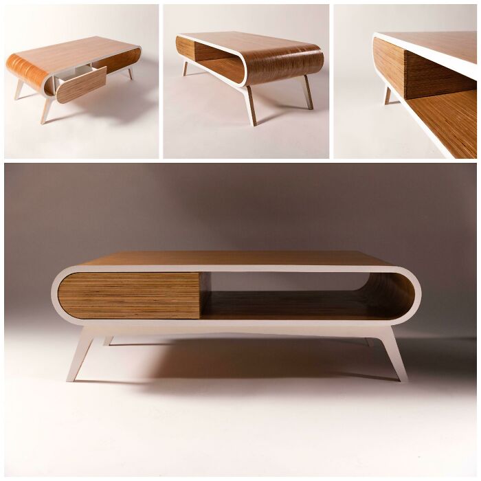 Modern wooden coffee table with rounded edges and hidden drawer in creative design