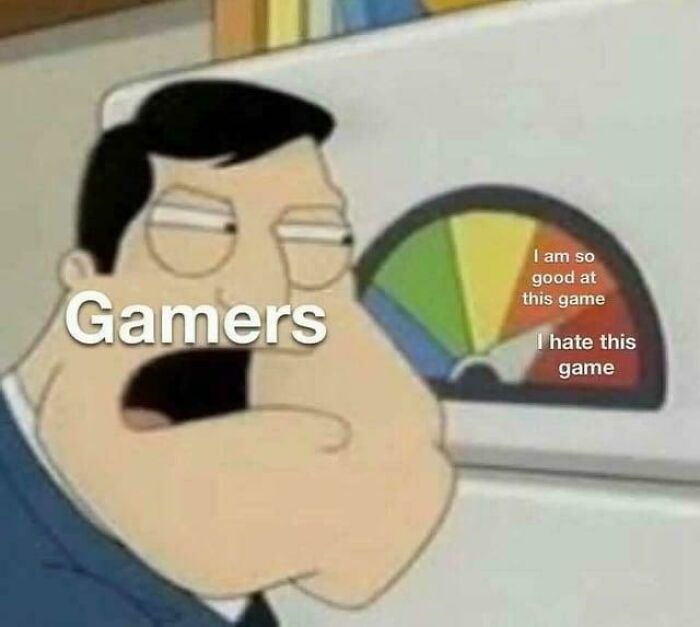 Gamers meme with mood meter showing love and hate feelings about a game