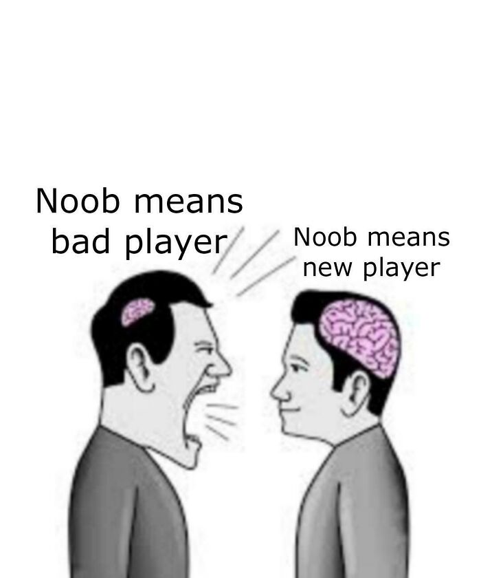 Two men debating meaning of noob in gaming with brain illustration