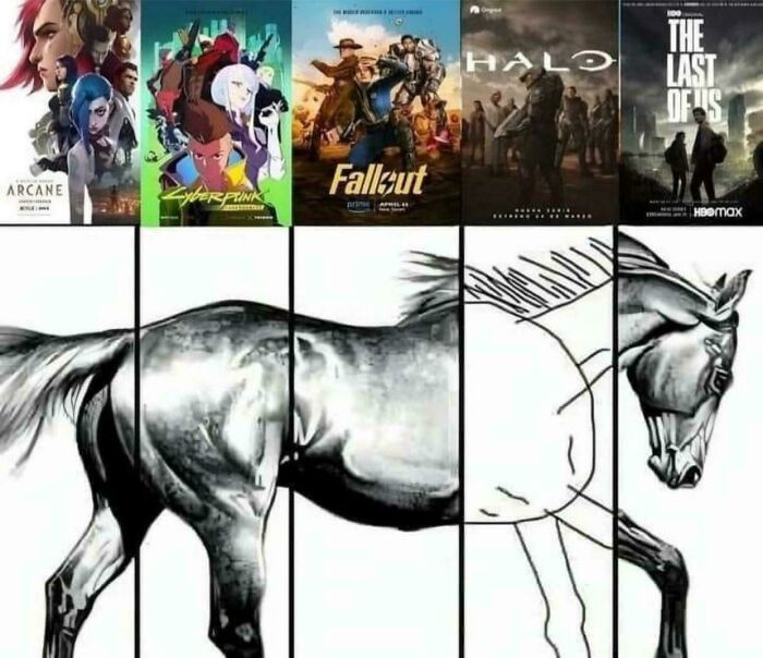 Segments of a horse formed by popular gaming show posters meme