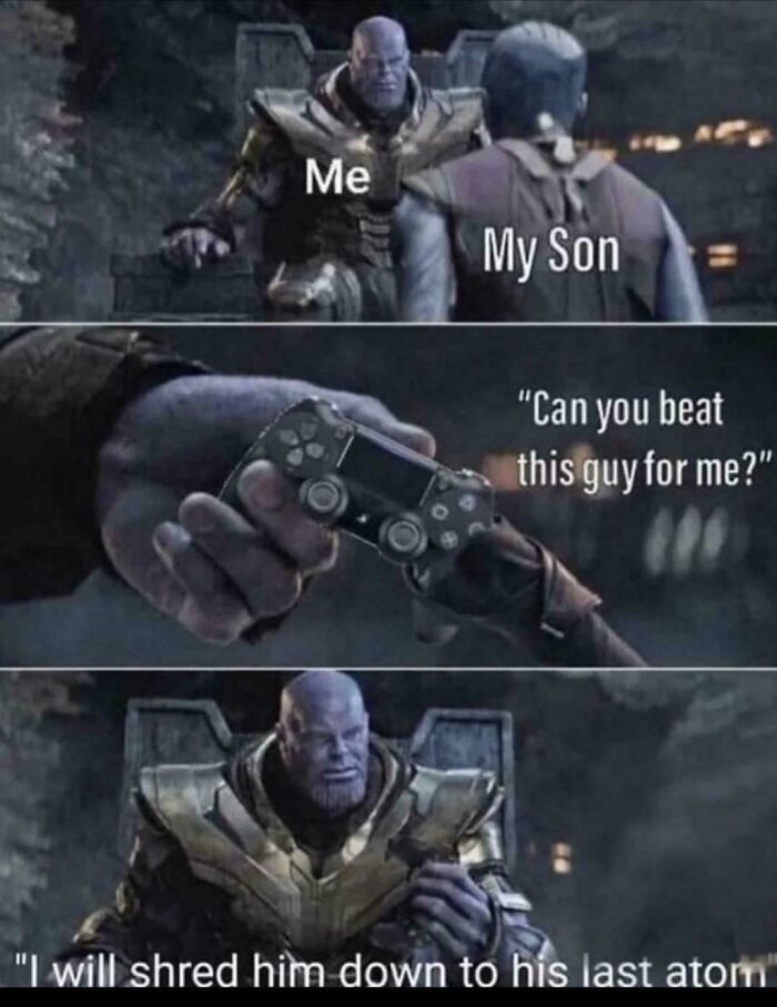 Thanos hands over video game controller to his son in gamer meme