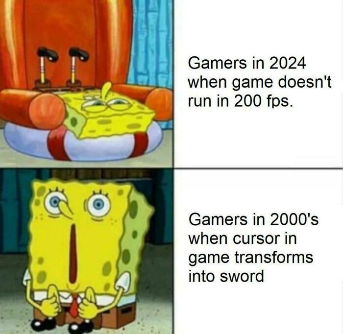 Spongebob gamer meme comparing 2024 and 2000s gaming