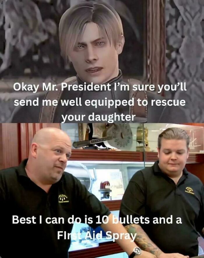 Gamer meme about limited equipment for rescuing president's daughter in game