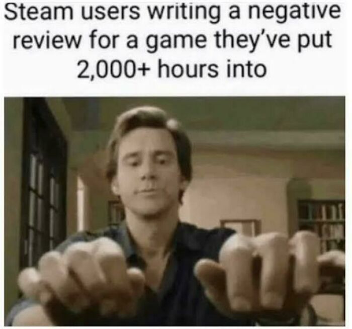Gamer frustrated typing negative review after 2000 hours on game meme