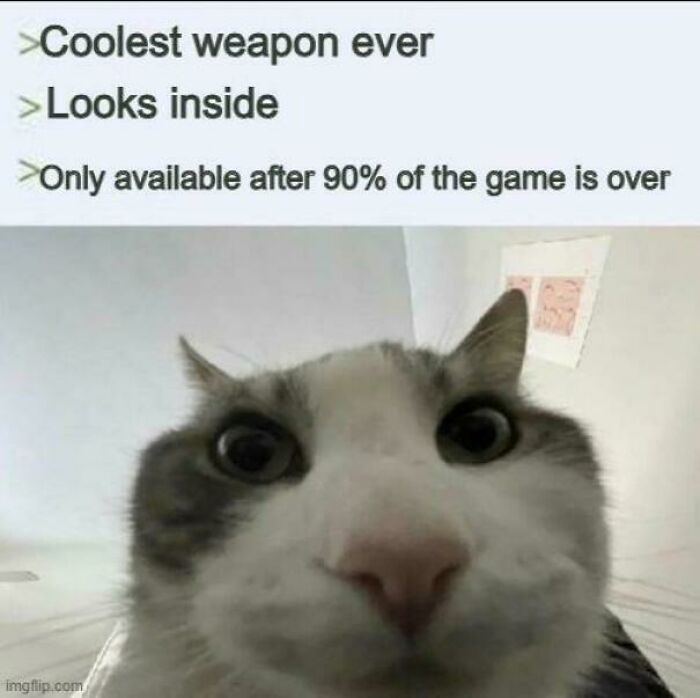 Meme about coolest weapon in game only available after 90% completion with curious cat