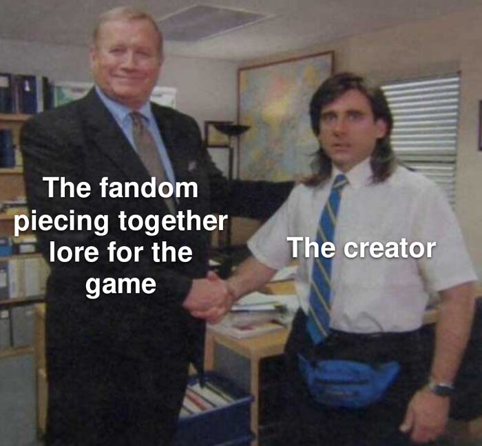 Meme showing fandom piecing together game lore shaking hands with game creator